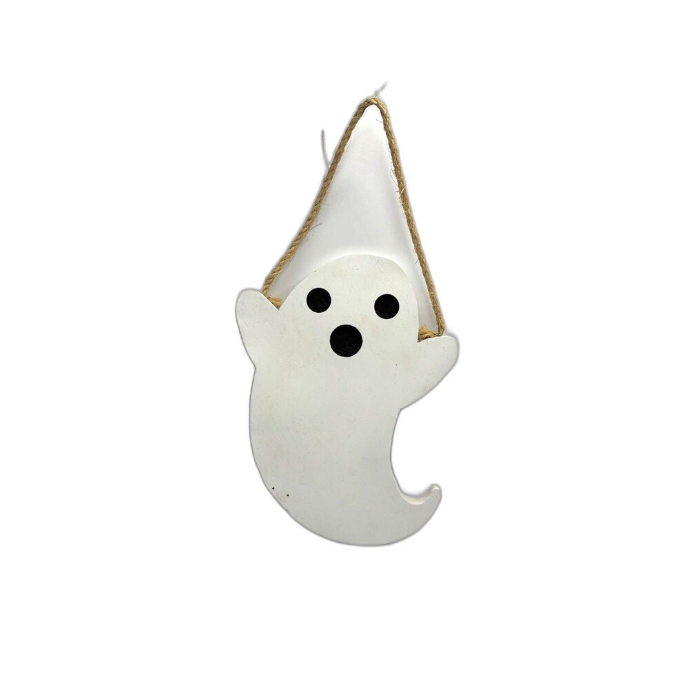 Handcrafted White Hanging Wood Halloween Ghost 11" X 8.75" X .75"